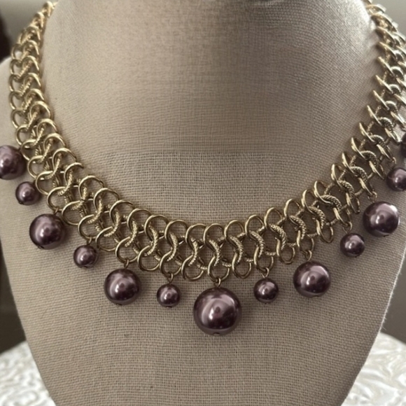 Vintag KJL Purple Pearl Gold Tone Infinity Chain Link Necklace Kenneth Jay Lane - Picture 1 of 5